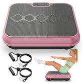 Pink vibration plate with resistance bands and a woman exercising on it.