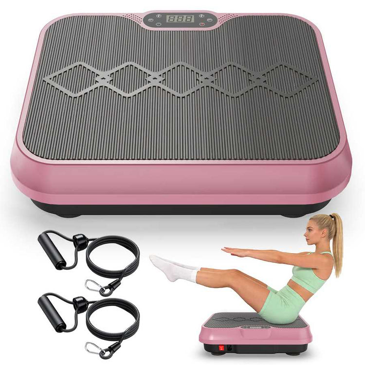 Pink vibration plate with resistance bands and a woman exercising on it.