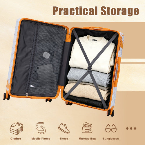 Orange suitcase with clothes and a phone inside, on a beige background