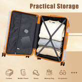 Orange suitcase with clothes and a phone inside, on a beige background