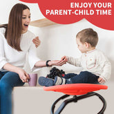 Woman and child sitting on a red balance chair with text &