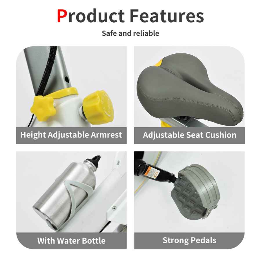 Product features including height adjustable armrest, adjustable seat cushion, water bottle holder, and strong pedals on a white background.