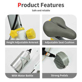 Product features including height adjustable armrest, adjustable seat cushion, water bottle holder, and strong pedals on a white background.