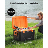 Orange and black cooler box with drinks by a lake, showing capacity and dimensions.