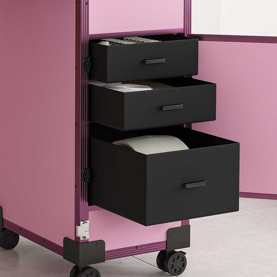 Pink nail art case with lockable drawers and 360-degree rotating wheels