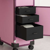 Pink nail art case with lockable drawers and 360-degree rotating wheels