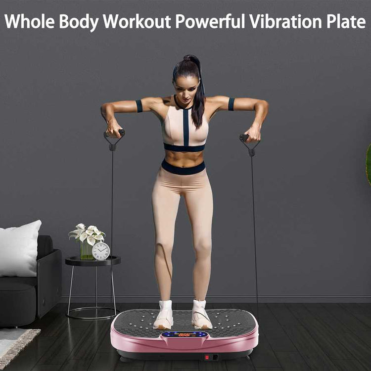 Woman using a whole body vibration plate in a living room setting.