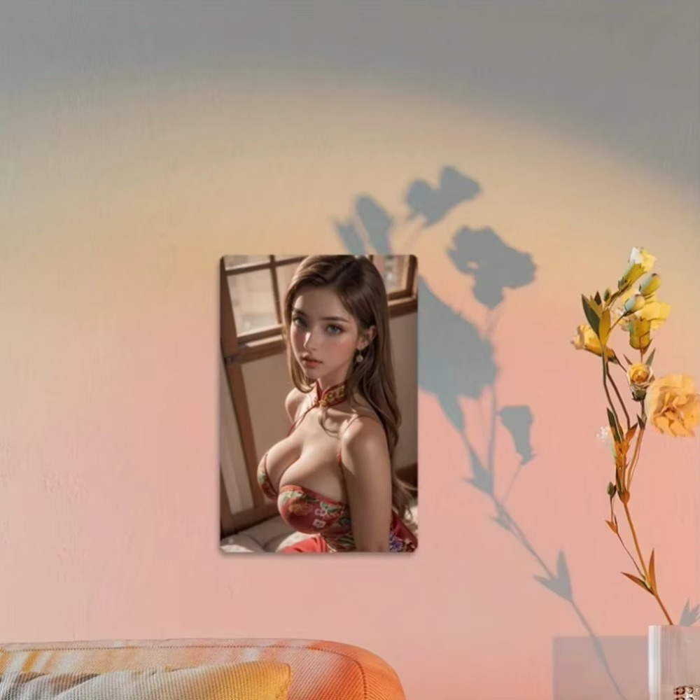 CIFbuy Retro Floral Aluminum Wall Art on a pastel wall with floral shadows, blending retro charm with soft modern ambiance.