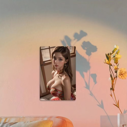 CIFbuy Retro Floral Aluminum Wall Art on a pastel wall with floral shadows, blending retro charm with soft modern ambiance.