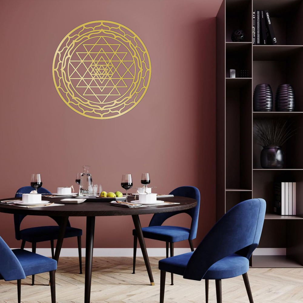 CIFbuy Sacred Mandala Wall Art in aluminum featured in a dining room with blue chairs. Adds a meditative touch to modern interiors.