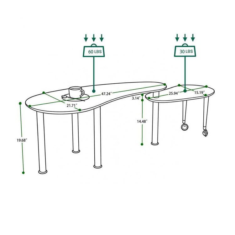 360 Rotatable Coffee Table dimensions and weight capacity diagram, showcasing dual-tier design with rotating tabletop and wheeled lower section.