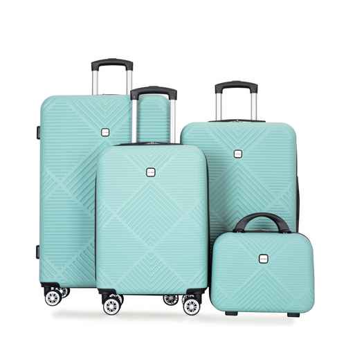 Set of four turquoise suitcases with geometric pattern on a white background