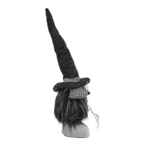 Black pointed witch hat with plaid band on a mannequin head against a white background