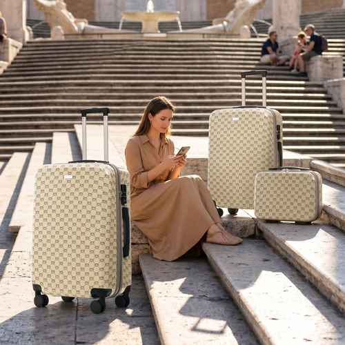 Woman sitting on steps with patterned suitcases around her