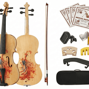 Full-size violin with artistic design and accessories
