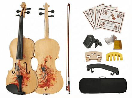 Full-size violin with artistic design and accessories