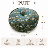 Round floral-patterned puff with dimensions and material details on a white background