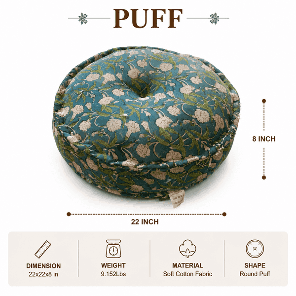 Round floral-patterned puff with dimensions and material details on a white background