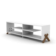 Mid Century Modern TV Stand - 57 Inch & Open Storage Unit in white with angled solid wood legs and four open compartments.