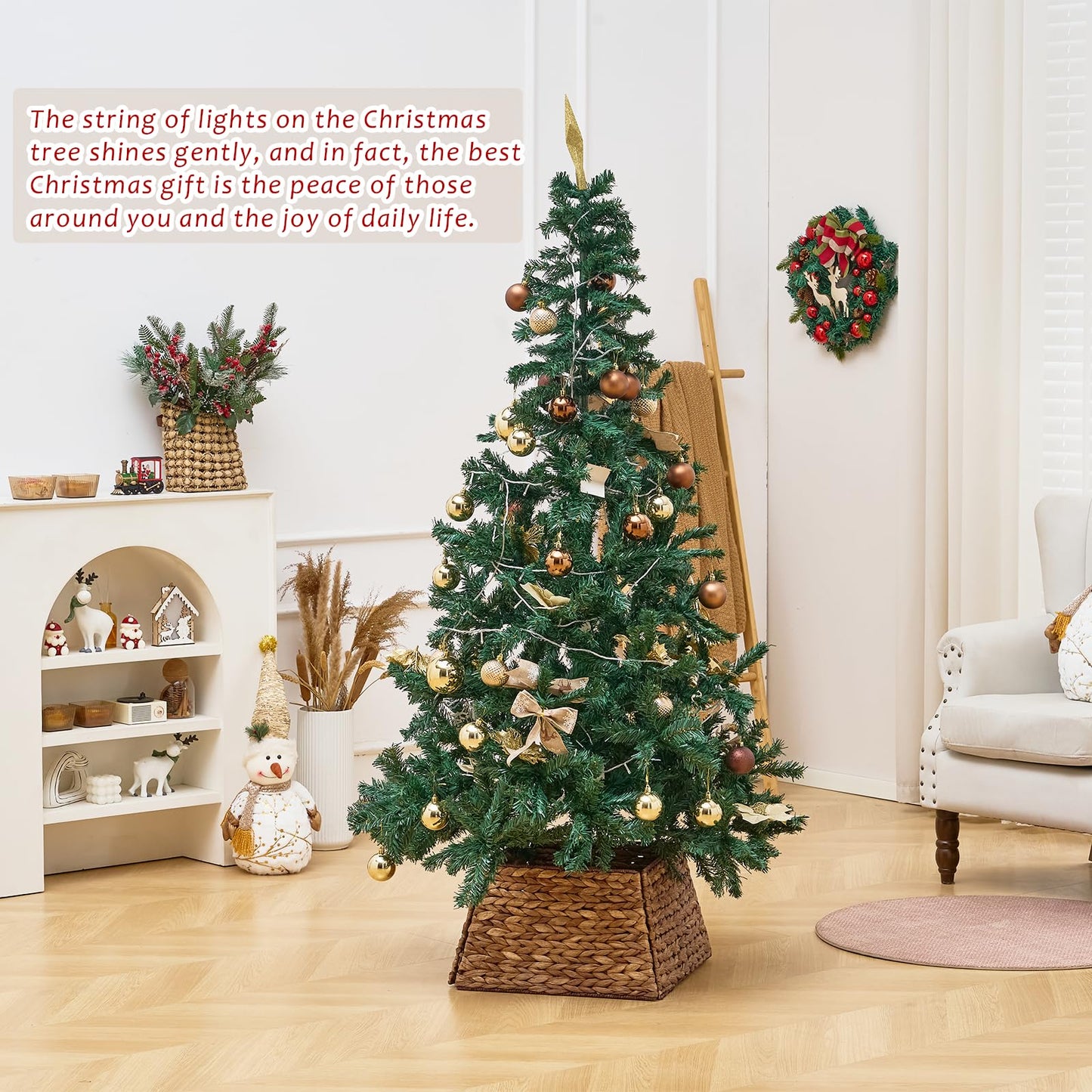 Decorated Christmas tree with Hyacinth Wicker Tree Skirt in a bright living room, highlighting its natural style and festive appeal.