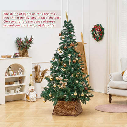 Decorated Christmas tree with Hyacinth Wicker Tree Skirt in a bright living room, highlighting its natural style and festive appeal.