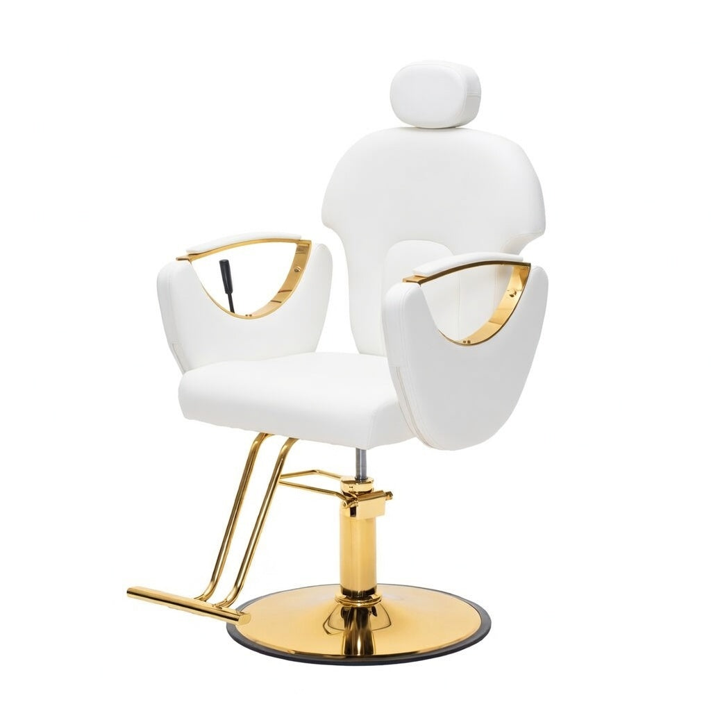 A modern white salon barber chair with gold accents, featuring a padded headrest, curved armrests with gold trim, and a polished gold hydraulic base on a white background.