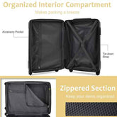 Black suitcase with open compartments showing features like a tie-down strap, accessory pocket, and zipped section.