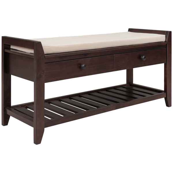 Wooden bench with a cushioned seat and storage drawer on a white background