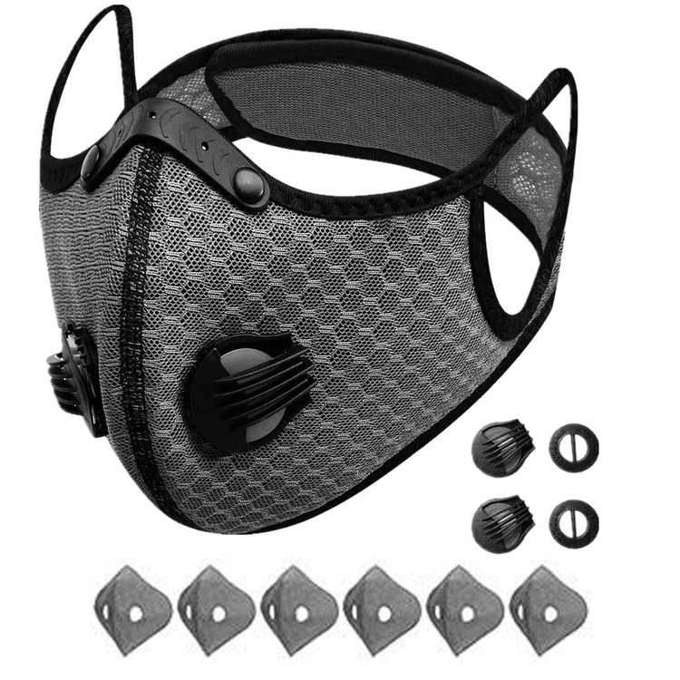 Mesh face mask with filter cartridges on a white background