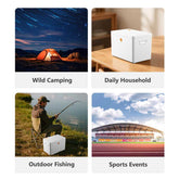 Four scenarios showing the use of a product: wild camping, daily household, outdoor fishing, and sports events.