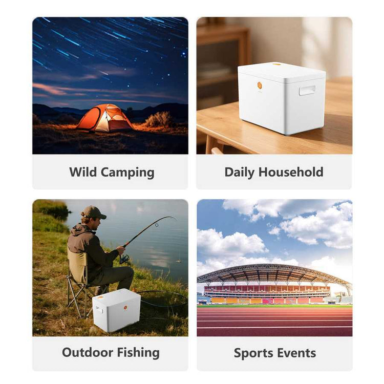 Four scenarios showing the use of a product: wild camping, daily household, outdoor fishing, and sports events.
