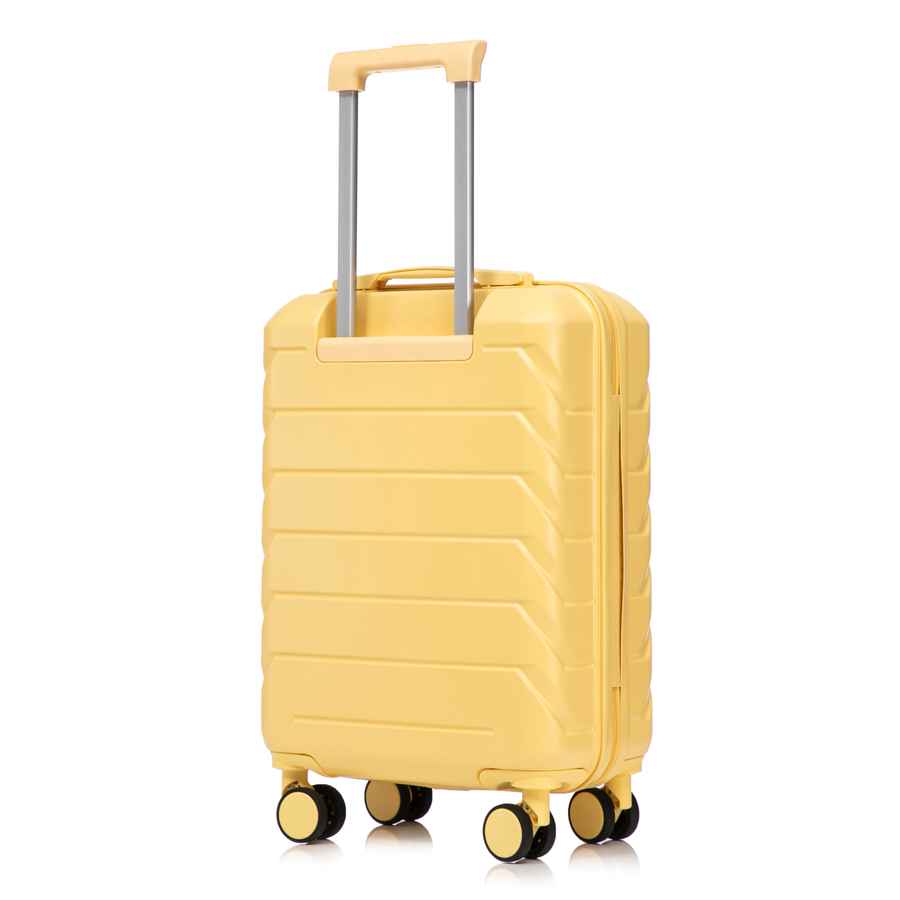 Yellow ABS carry-on suitcase with telescoping handle and four multi-directional spinner wheels for easy mobility