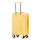 Yellow ABS carry-on suitcase with telescoping handle and four multi-directional spinner wheels for easy mobility