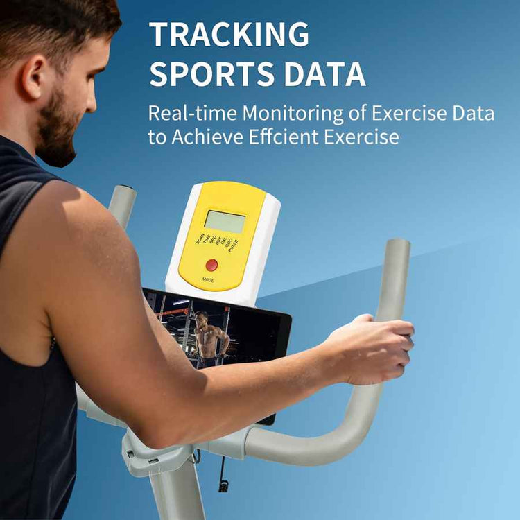 Man using exercise bike with digital device displaying sports data on a blue background