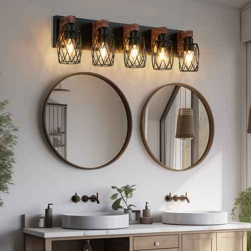 A five-light wall sconce fixture with black metal wire mesh cylindrical shades and warm glowing bulbs, mounted above two round wood-framed mirrors in a bathroom setting.