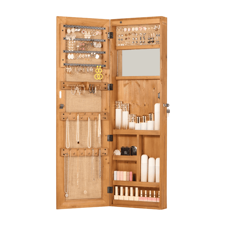 Open jewelry cabinet with organized earrings, rings, and necklaces