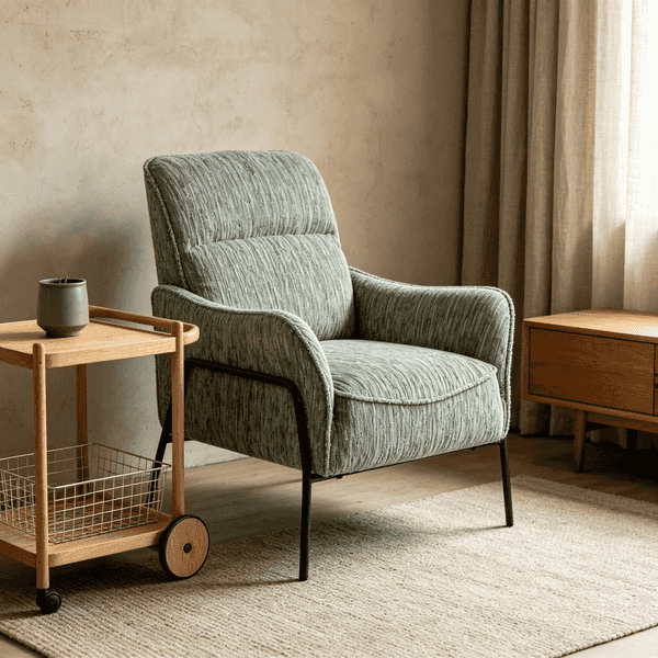 A modern upholstered accent chair in textured sage green fabric with black metal legs, styled in a warm, minimalist room next to a wooden side table.