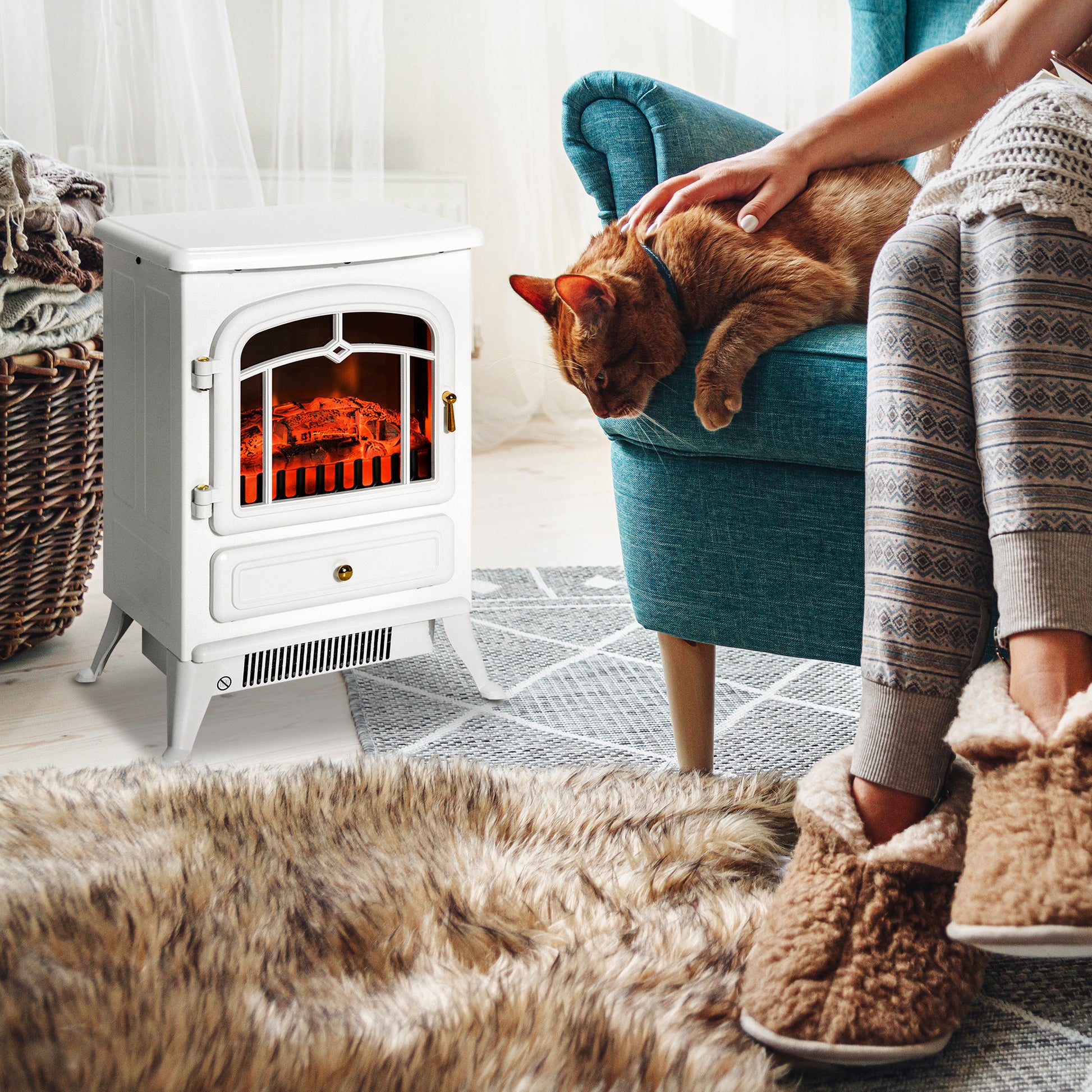 22" Electric Fireplace Heater, Freestanding Fire Place Stove with Realistic LED Flames and Logs, and Overheating Protection, 750W/1500W, White MLNshops]