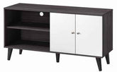 Modern black and white wood TV stand with storage shelves, cabinet doors, and angled legs, ideal for living room entertainment setup