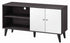 Modern black and white wood TV stand with storage shelves, cabinet doors, and angled legs, ideal for living room entertainment setup