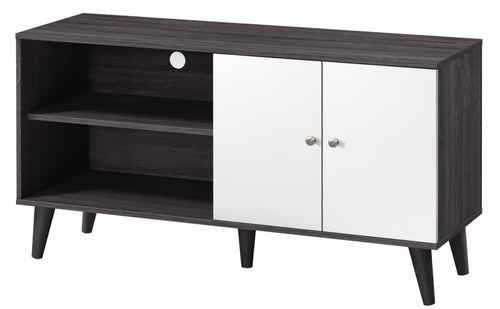 Modern black and white wood TV stand with storage shelves, cabinet doors, and angled legs, ideal for living room entertainment setup