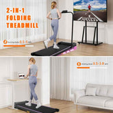 Woman jogging on compact foldable treadmill with incline feature, in a modern living room setting