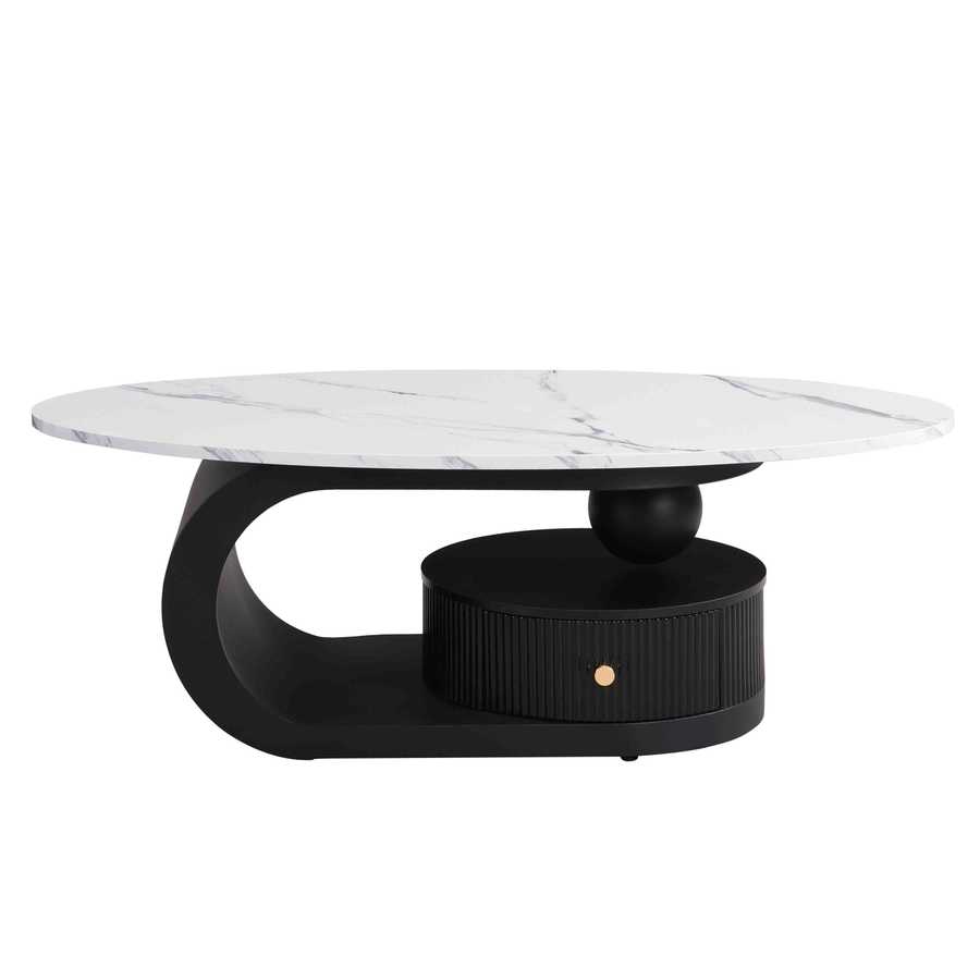 Oval coffee table from Nesting Coffee Table Set with white marble-style top and black base featuring a built-in drawer for storage.