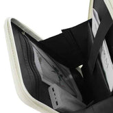 Close-up of an open black organizer pouch or wallet with a white outer edge, showing interior compartments, mesh pockets, and card slots.