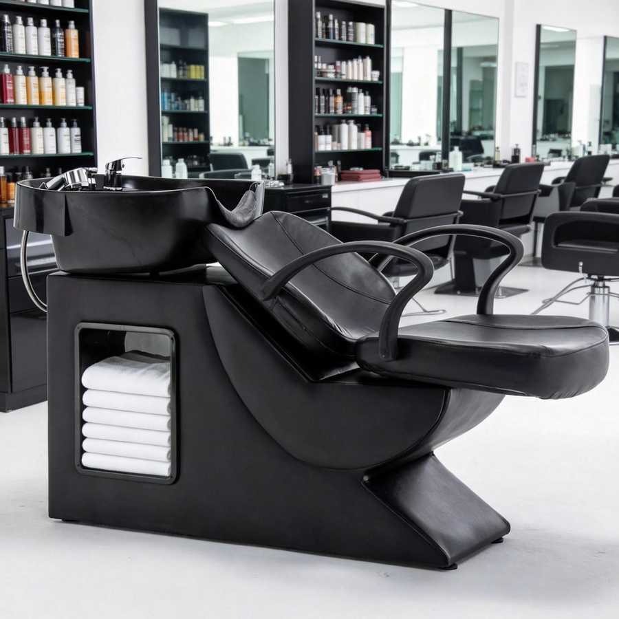 Salon workspace with black chairs and shelves of hair products