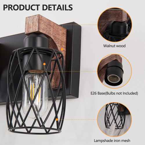 Industrial-style wall sconce with a black iron mesh cage, walnut wood backplate, and Edison bulb, shown with callout circles explaining material details.