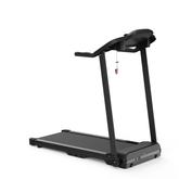 Side view of foldable treadmill with black frame and textured running surface