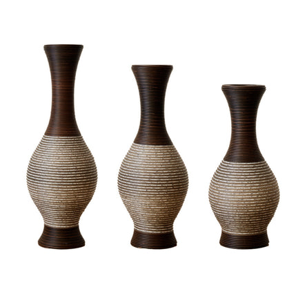 Brown floor vase set of 3 with ribbed texture and striped design, ideal for modern home décor and high independent flower stand display.
