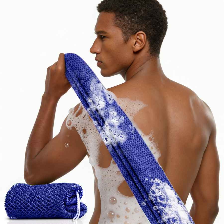 Man with a blue towel and soapy back on a white background