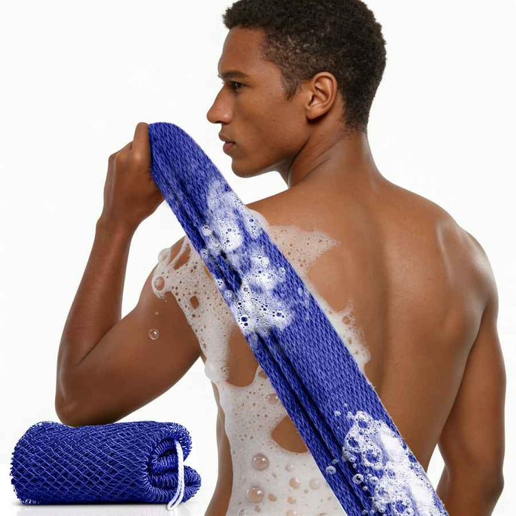 Man with a blue towel and soapy back on a white background